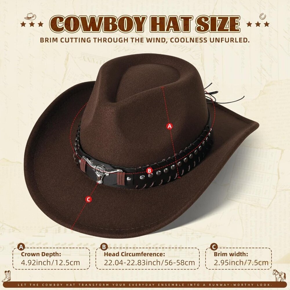 Unisex Coffee Western With Bull Skull Buckle Band Classic Fedora Cowboy Felt Hat - Picture 2 of 4